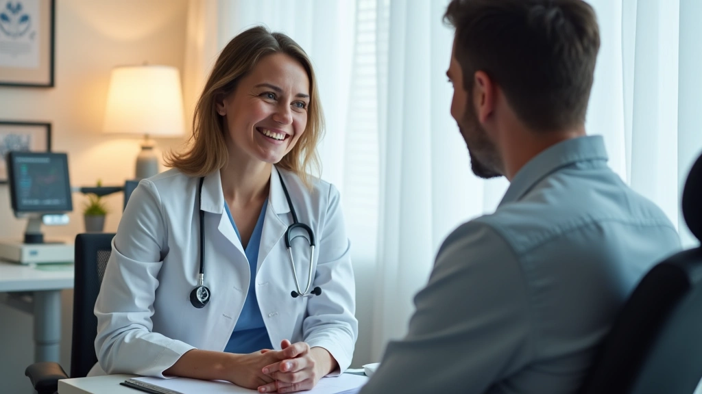 Professional gastroenterologist in white coat consulting with patient in modern clinic examination room, warm lighting, frien
