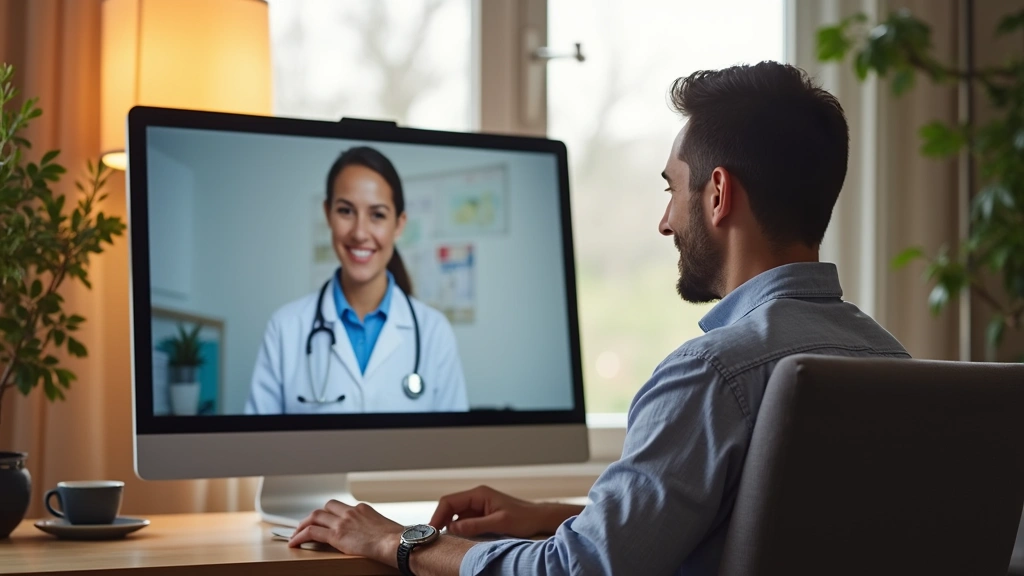 Patient sitting in comfortable telehealth consultation space at home, video call on computer screen showing healthcare provid