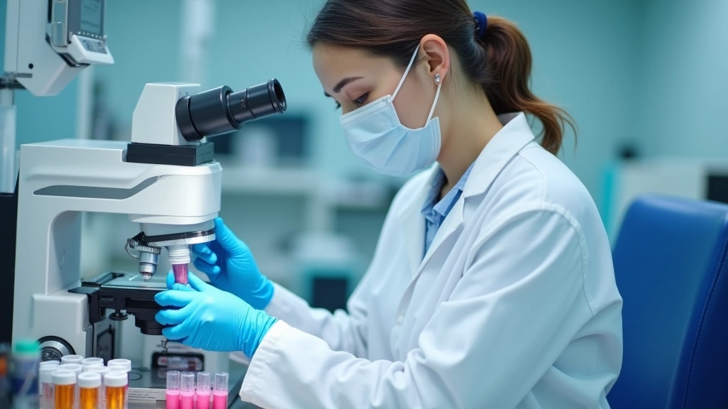 Modern medical laboratory technician preparing digestive health diagnostic samples, clinical setting, professional medical eq
