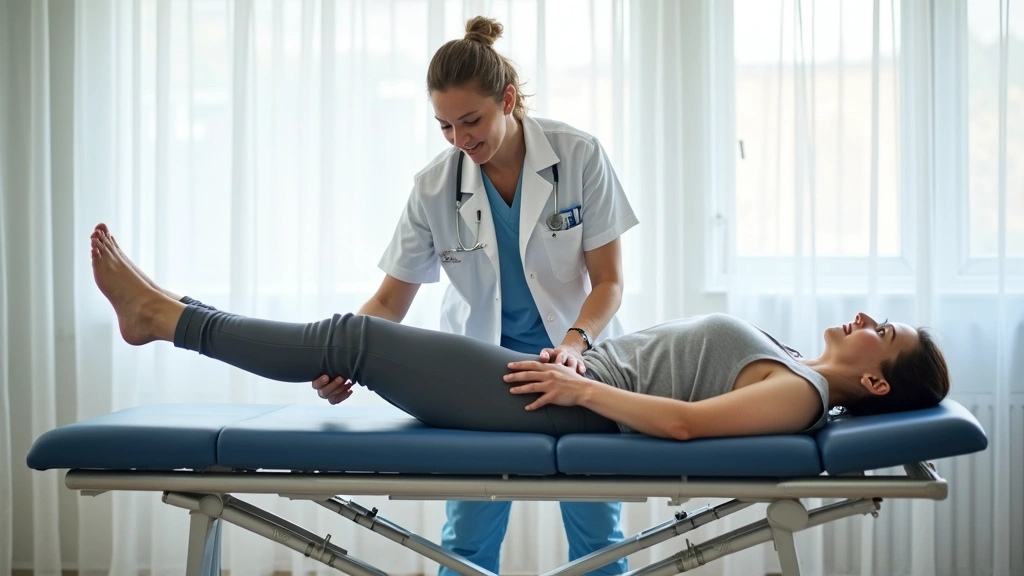 Physical therapist assisting patient with leg stretch exercise in bright clinical rehabilitation center, patient lying on treatment table, professional medical environment