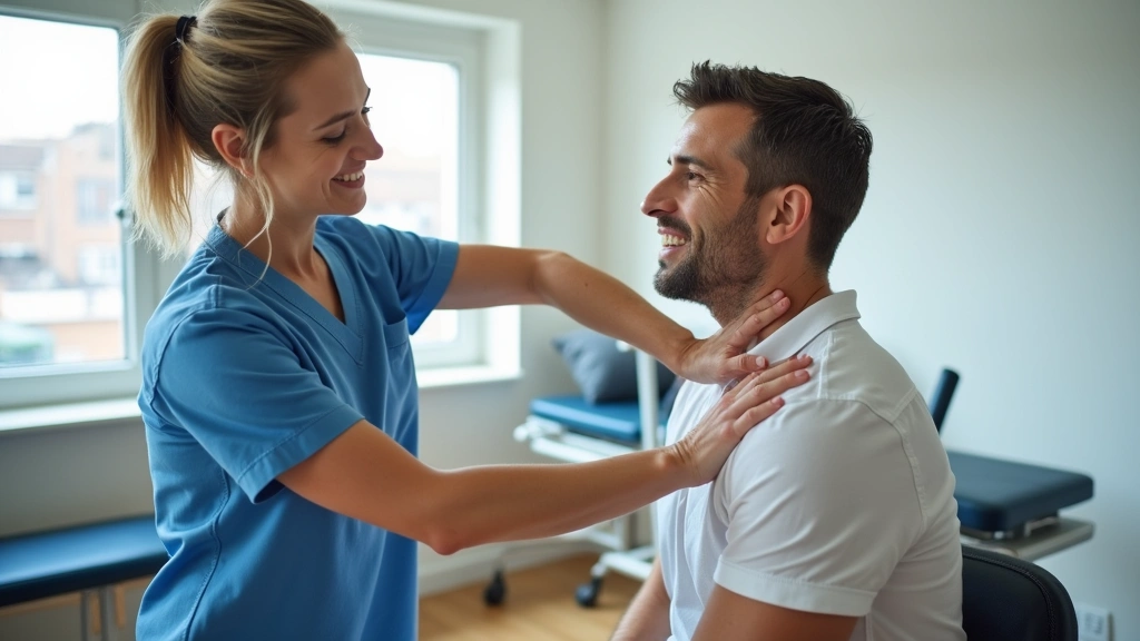 Licensed physical therapist performing hands-on manual therapy treatment on patients shoulder in modern healthcare facility w