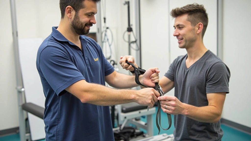 Patient performing guided exercise with resistance band under supervision of physical therapist in clinical rehabilitation se