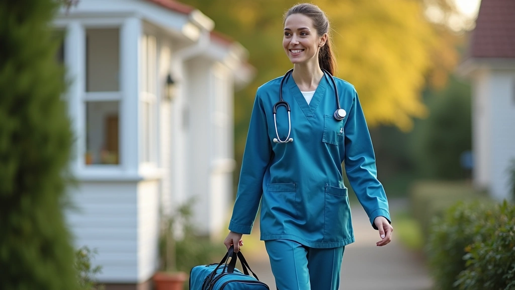 Medical professional in branded uniform arriving at residential home with mobile medical equipment bag, professional clinical setting, daytime exterior