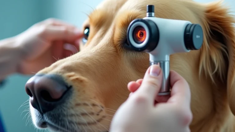 Close-up of veterinarian examining golden retriever's eye with ophthalmoscope in bright clinical examination room