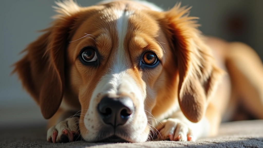 Dog with visible eye discharge and redness, sitting in natural light, showing signs of discomfort and infection