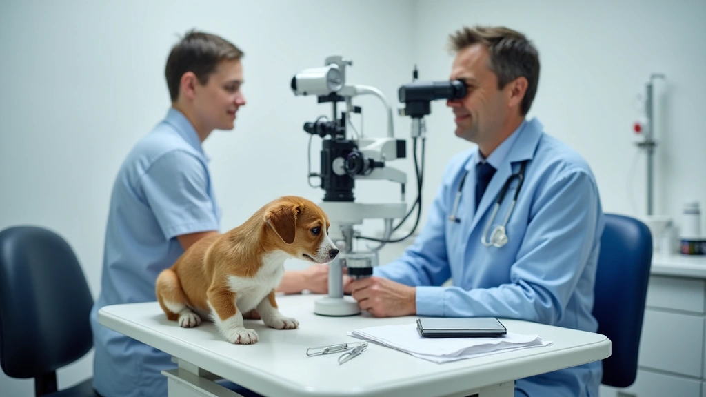 Professional veterinary eye care station with specialized equipment, tonometry device, and eye care instruments on clinical t