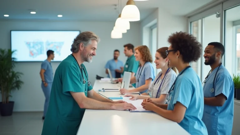 Professional medical clinic reception area with diverse patients checking in at desk, modern healthcare facility interior, welcoming environment
