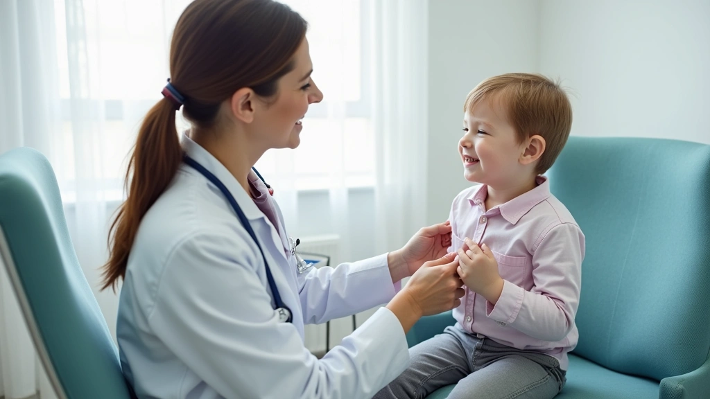 Pediatrician examining young child during wellness visit, caring medical professional, bright clinical examination room