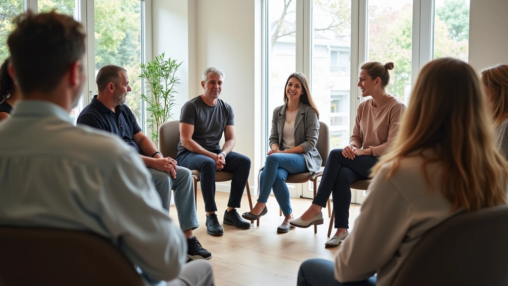 Diverse group of patients in group therapy session sitting in circle, supportive environment, professional facilitator leadin