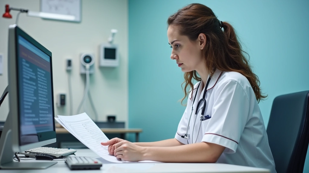 Psychiatric nurse reviewing patient medical records at nursing station in modern inpatient behavioral health unit with secure