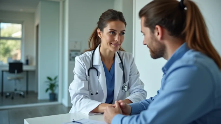 Professional female healthcare provider in white coat conducting routine physical examination of male patient in modern medical clinic setting, warm lighting, stethoscope visible