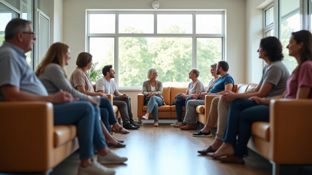 Diverse group of patients sitting in clean, modern waiting room of community health center with comfortable seating, bright n