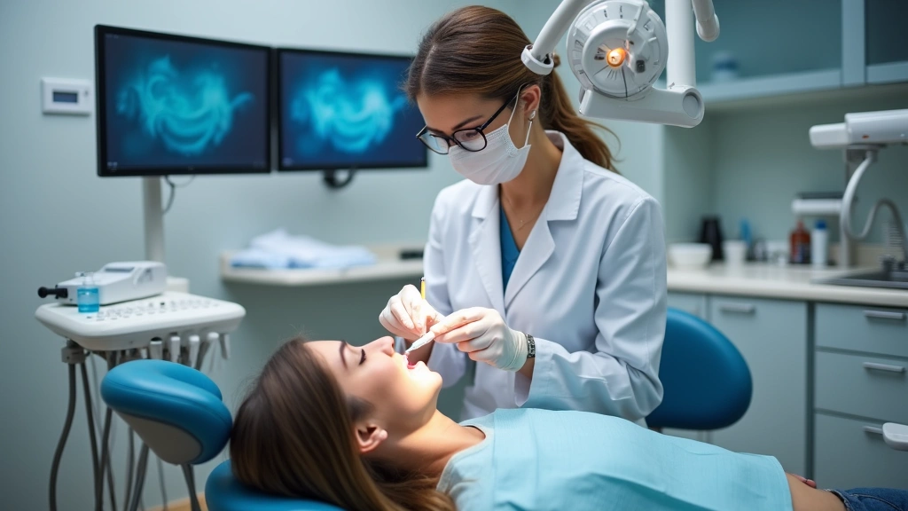 Female dentist performing dental examination on patient in modern dental operatory with digital displays, professional equipm
