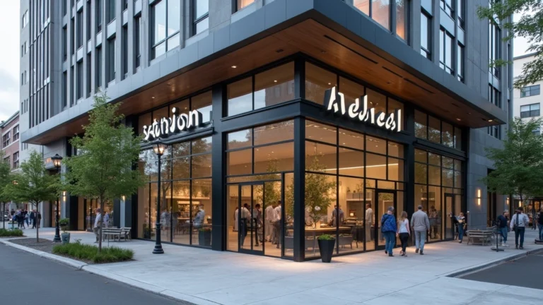 Modern downtown medical plaza exterior with glass entrance, professional signage, urban setting, daytime, patients entering building, professional healthcare environment