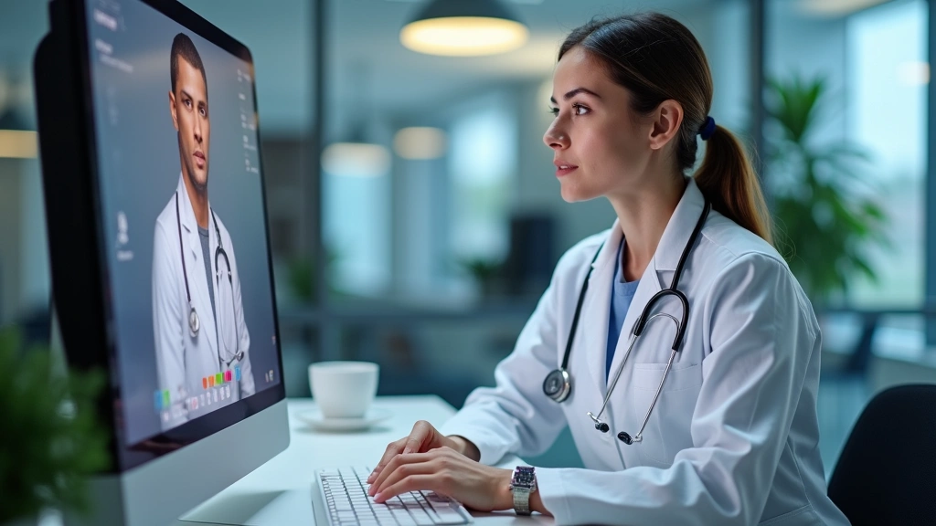 Healthcare provider conducting telehealth video consultation on computer, professional office setting, patient visible on scr
