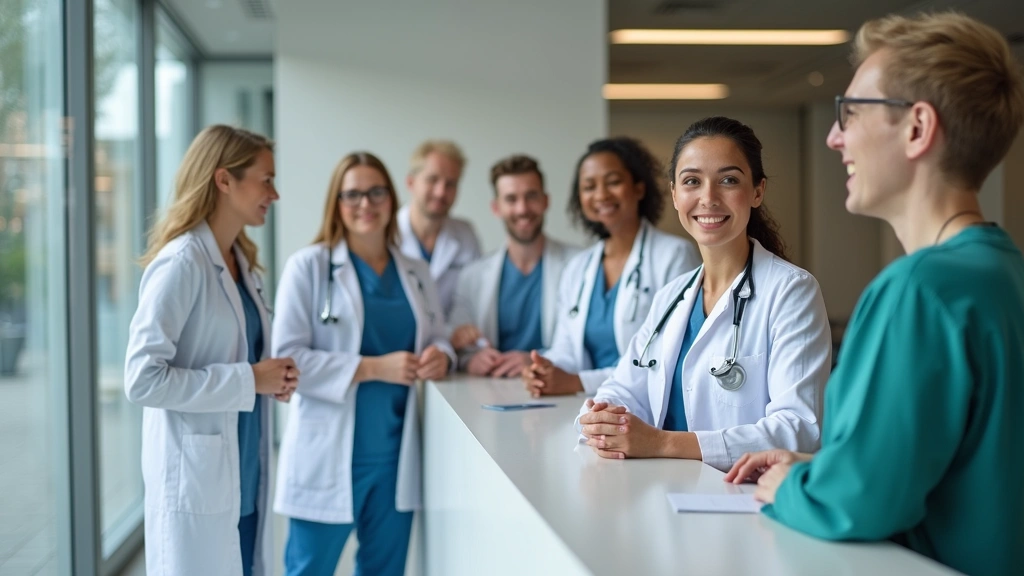Diverse medical team in downtown health plaza reception area, staff at desk, welcoming atmosphere, modern healthcare facility