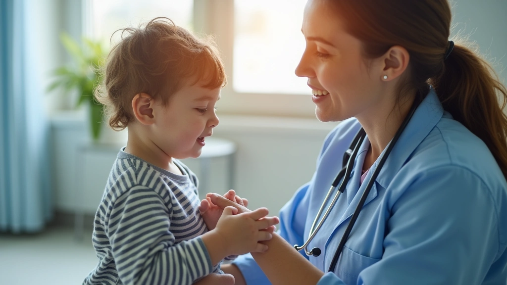 Professional pediatrician examining young child in modern hospital clinic, warm lighting, caring medical environment, stethoscope visible