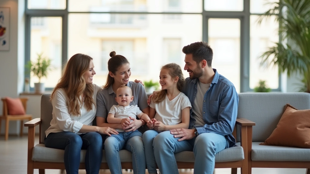 Family of four sitting in bright healthcare office waiting room, diverse family, modern comfortable seating, welcoming hospit