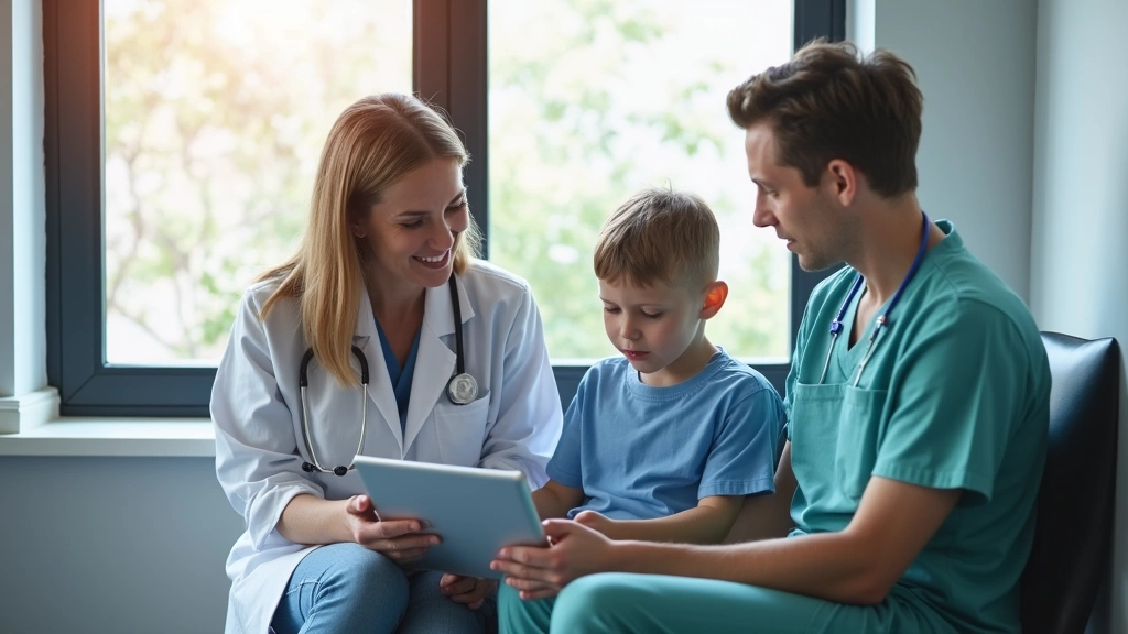 Healthcare provider having consultation with parent and child in examination room, digital tablet showing health records, pro