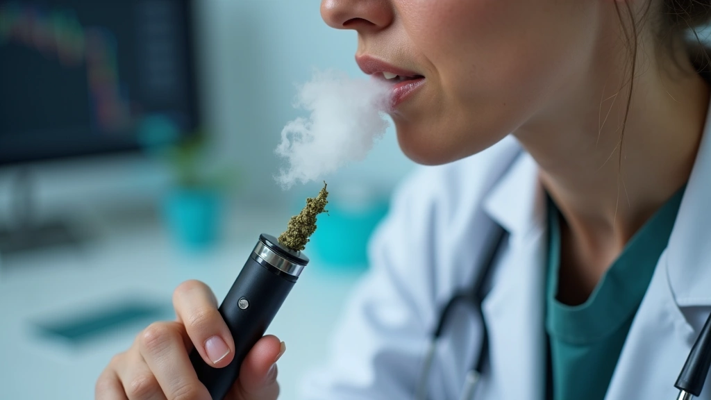 Close-up of person experiencing throat irritation while holding a dry herb vaporizer, clinical medical setting, professional healthcare environment
