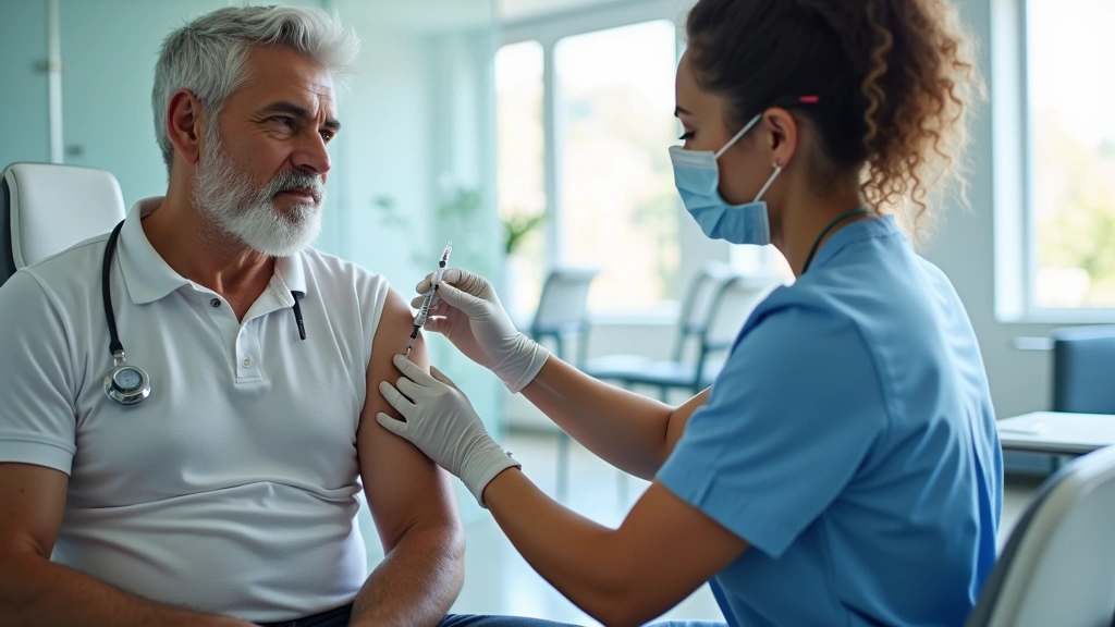 Professional nurse administering vaccine to adult patient in modern health clinic setting with medical equipment visible in background