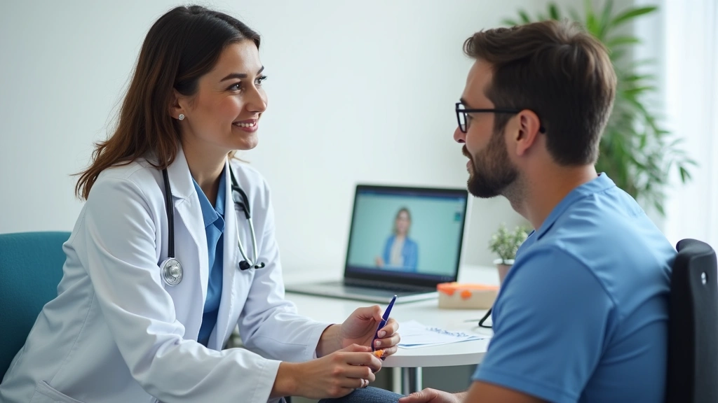 Healthcare provider consulting with patient in clinical examination room during preventive health screening appointment