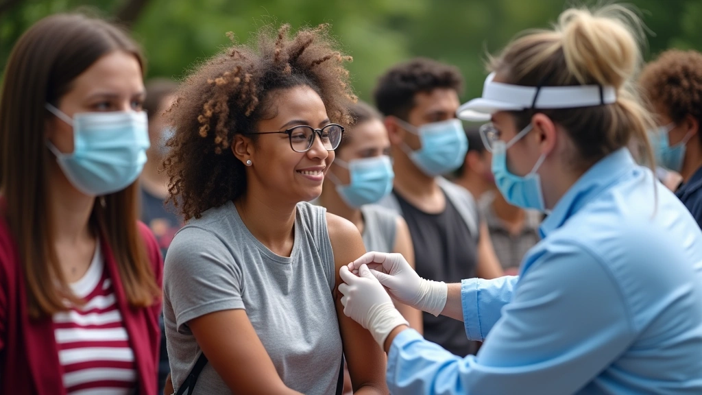 Diverse group of community members at outdoor health department vaccination event with medical staff administering vaccines