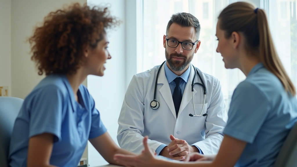 Doctor consulting with patient in examination room, diverse healthcare provider and patient, warm clinical setting, professio