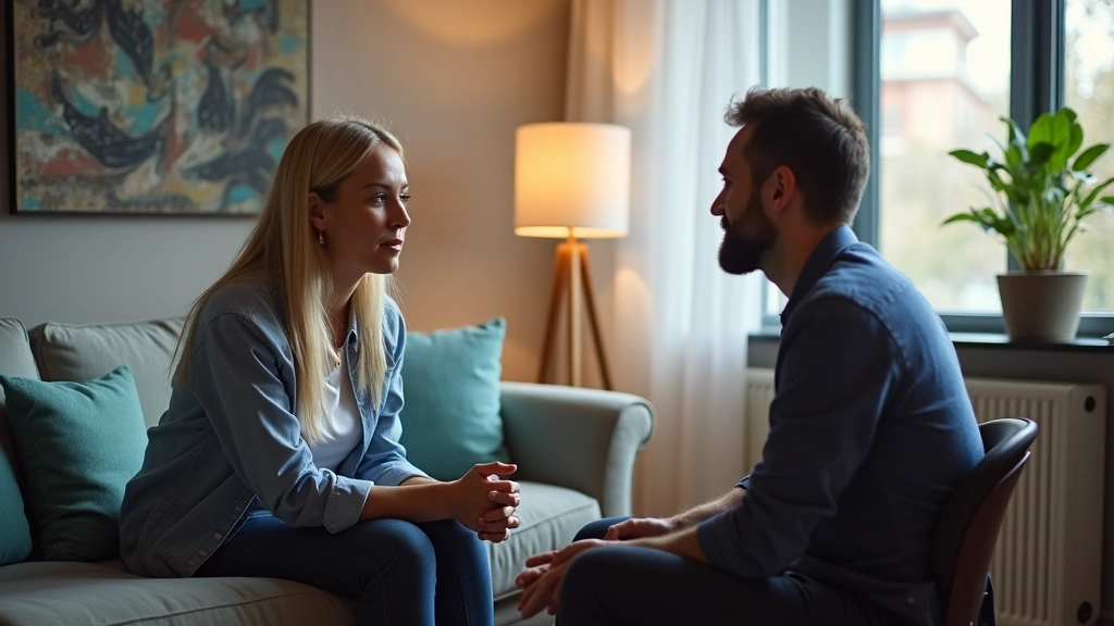 Professional mental health counselor conducting therapy session with patient in modern clinical office, warm lighting, compassionate interaction, no visible text