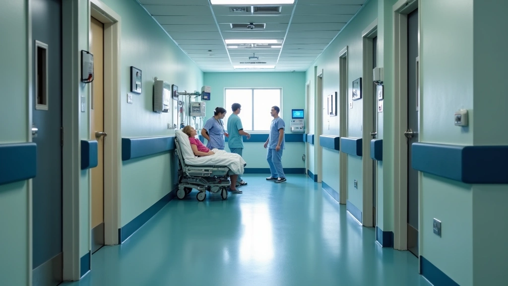 Hospital psychiatric unit hallway with nursing staff assisting patient, medical equipment visible, professional healthcare en