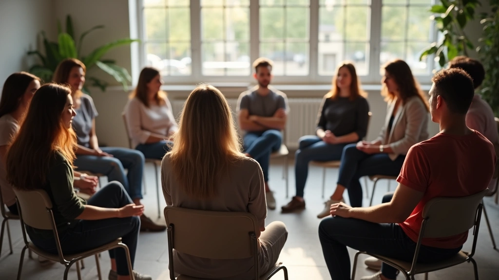 Diverse group of people in mental health support group circle, therapeutic setting, natural lighting, supportive atmosphere, 