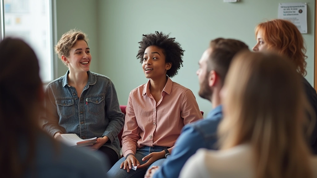 Diverse group of college students in wellness workshop session led by health educator in bright campus health center