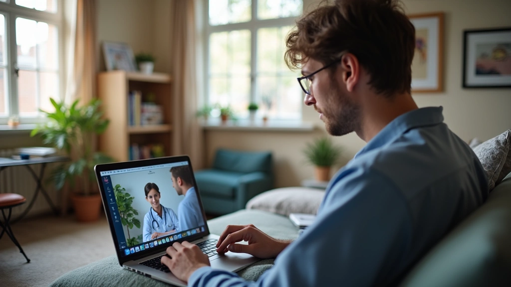 Male student using laptop for telehealth consultation with healthcare provider, sitting in dorm room, professional medical co