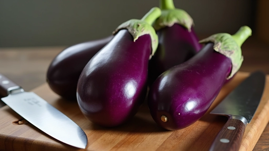 Fresh purple eggplants arranged on a wooden cutting board with a chef's knife, natural kitchen lighting, close-up detail showing glossy skin texture