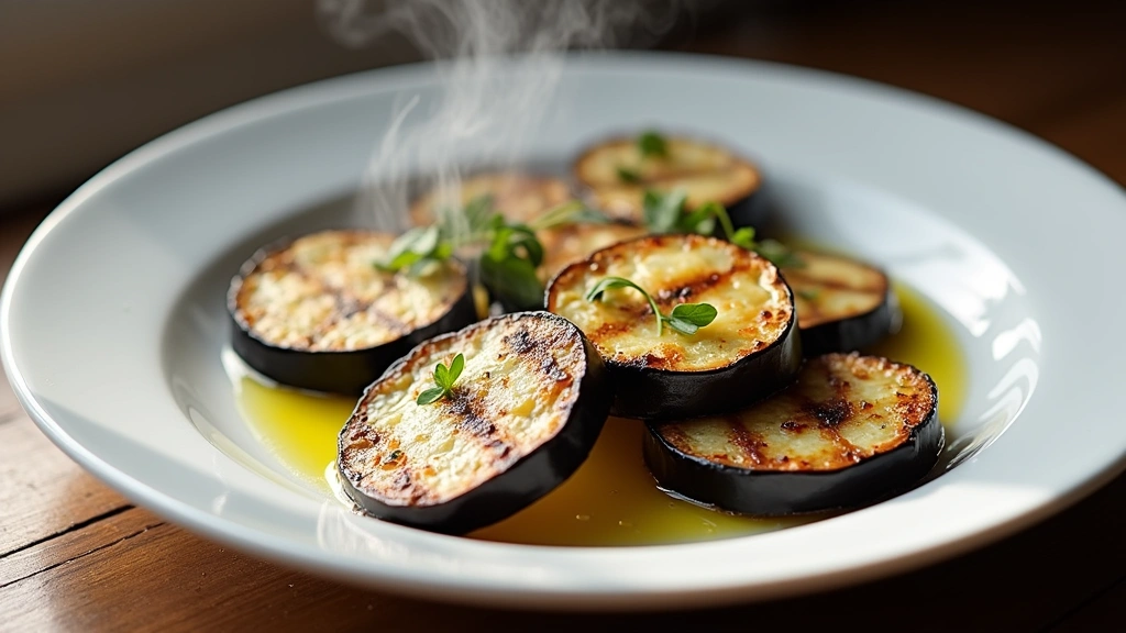 Grilled eggplant slices on a white ceramic plate with olive oil drizzle, steam rising, professional food photography, natural