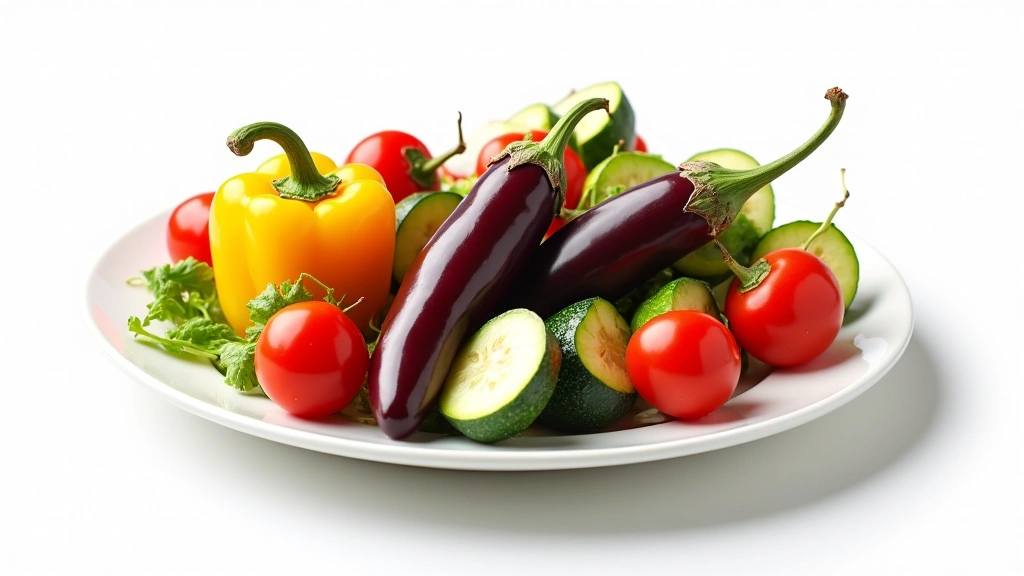 Colorful vegetable medley including eggplant, bell peppers, and zucchini on a white plate, healthy Mediterranean diet present
