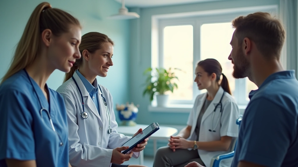 Professional healthcare provider conducting patient consultation in modern medical clinic setting, warm lighting, diverse patients, clinical but welcoming environment