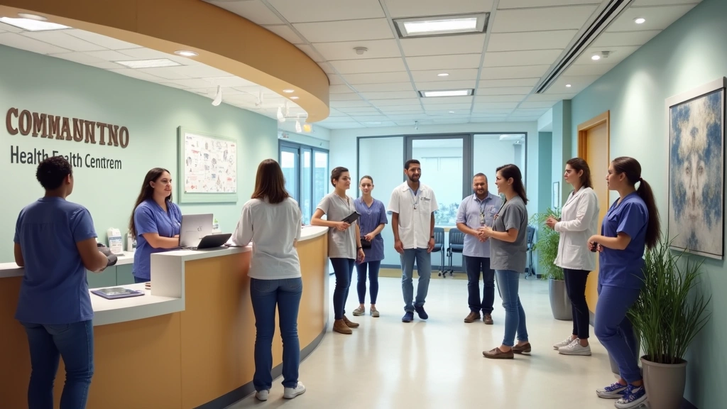 Community health center reception area with bilingual signage, diverse staff and patients, bright modern interior, welcoming 