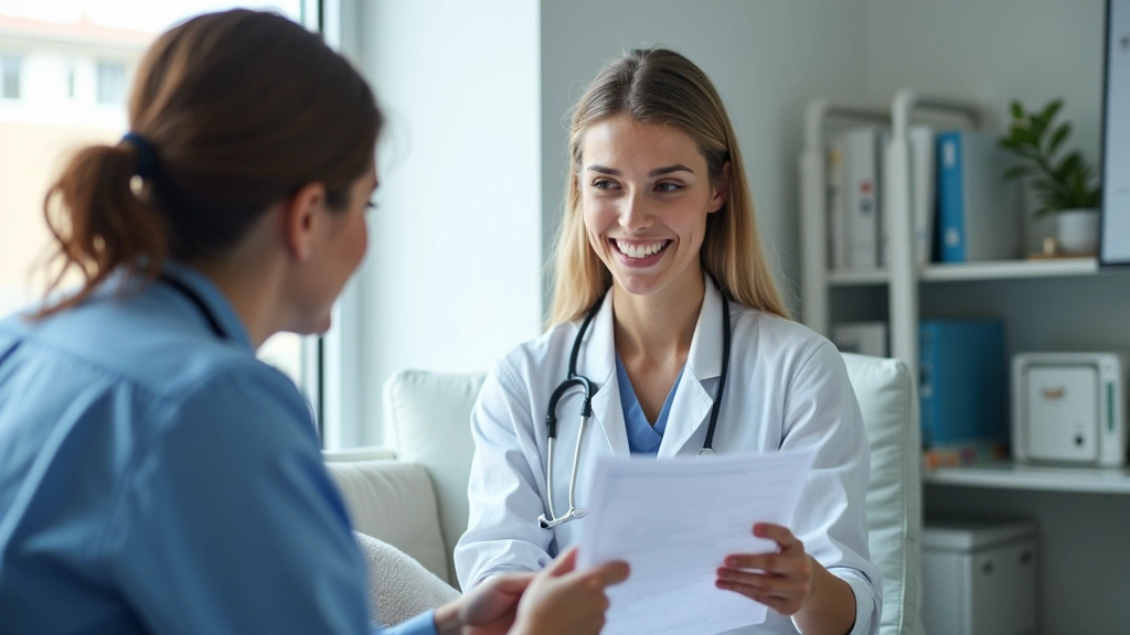 Female healthcare provider reviewing medical records with patient in examination room, professional medical environment, cons