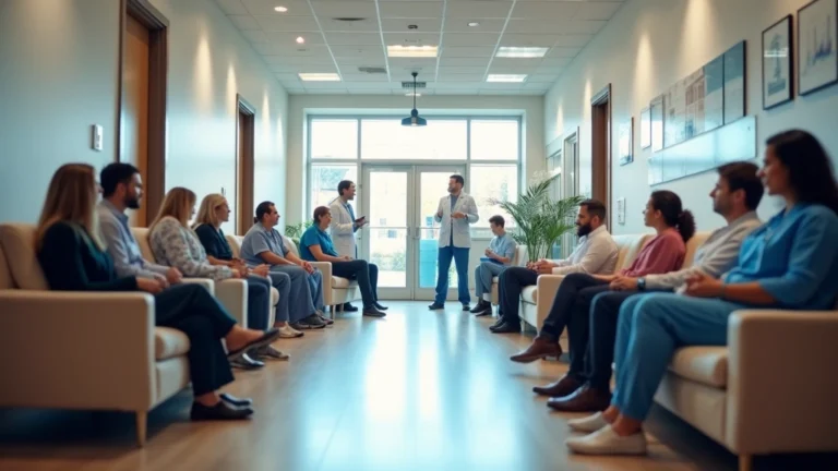 Professional medical clinic interior with diverse healthcare staff and patients in modern community health center waiting room, warm lighting, welcoming atmosphere