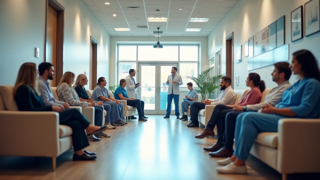 Professional medical clinic interior with diverse healthcare staff and patients in modern community health center waiting room, warm lighting, welcoming atmosphere