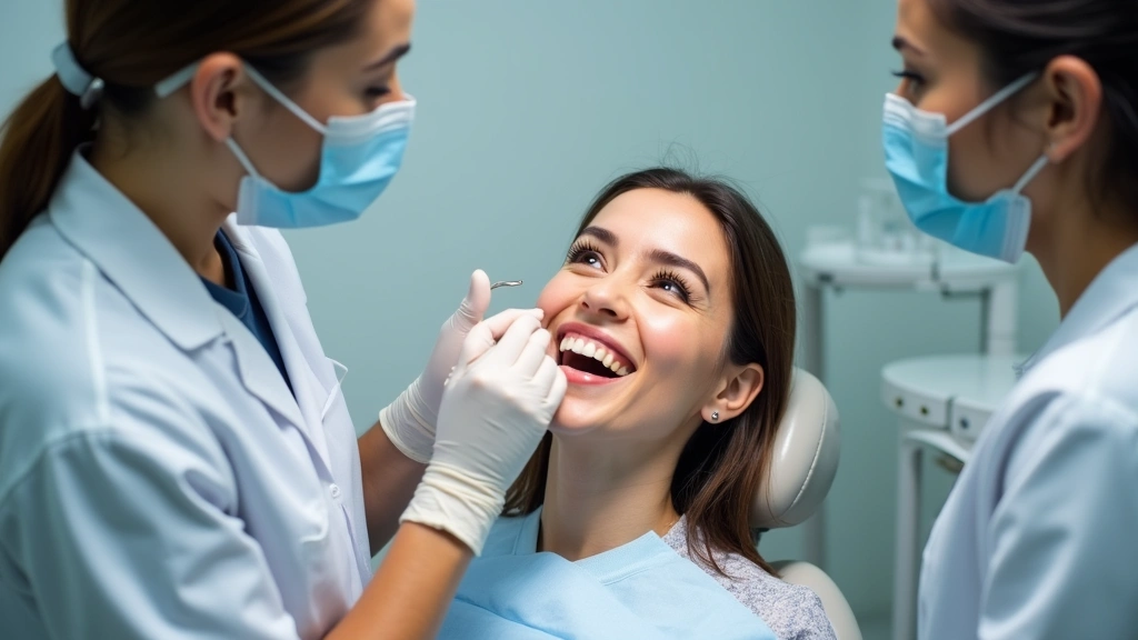 Female patient receiving preventive dental care examination in bright clinical dental operatory with professional dentist and