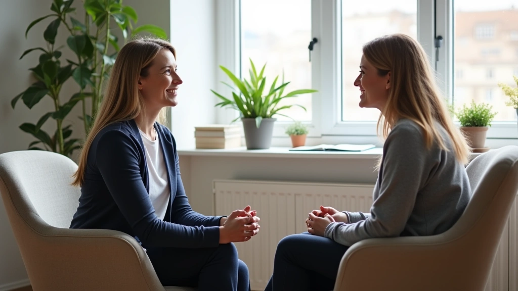 Mental health counselor conducting compassionate therapy session with patient in private clinical office with comfortable sea