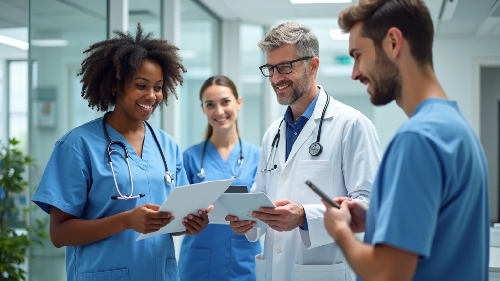 Healthcare professionals in clinical setting discussing patient care strategies, diverse team collaboration in modern medical