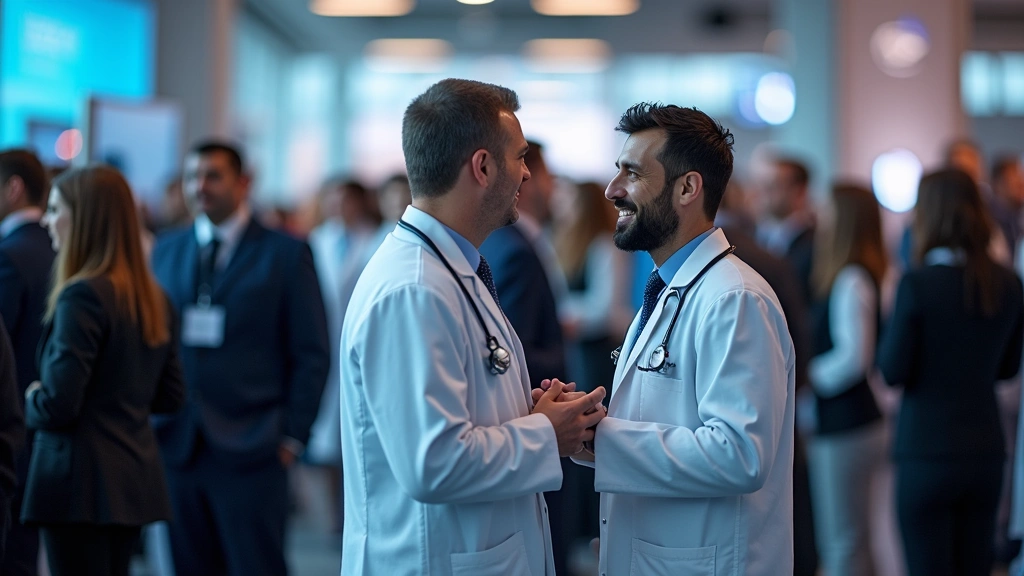 Conference attendees networking in professional healthcare environment, doctors and administrators engaged in conversation at