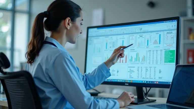 Healthcare professional reviewing digital patient records on computer monitor in modern clinic setting, focused on screen displaying medical charts and patient data