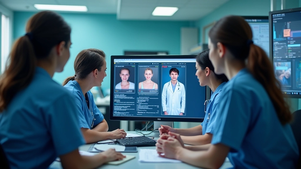 Hospital staff collaborating around electronic health records system in clinical workspace, multiple team members accessing i