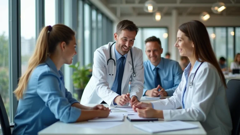 Professional healthcare team in modern office environment collaborating on health insurance projects and member services