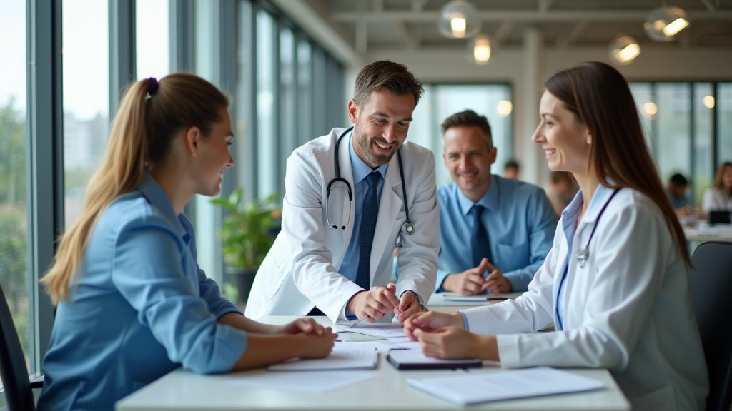 Professional healthcare team in modern office environment collaborating on health insurance projects and member services