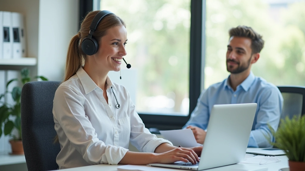Customer service representative wearing headset at desk in bright office, helping health insurance members with inquiries